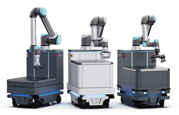 Auch kollaborierende Roboter-Arme lassen sich mit den FTS-Plattformen „verheiraten“, Bild: Mobile Industrial Robots