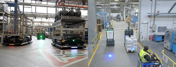 Die autonome AGV-Flotte reiht sich nahtlos in den bemannten Verkehr ein – Beispiel aus der Print-Industrie und Robotize AMR-Flotte mit schweren Lasten im Maschinenbau – hier bei CLAAS Industrietechnik