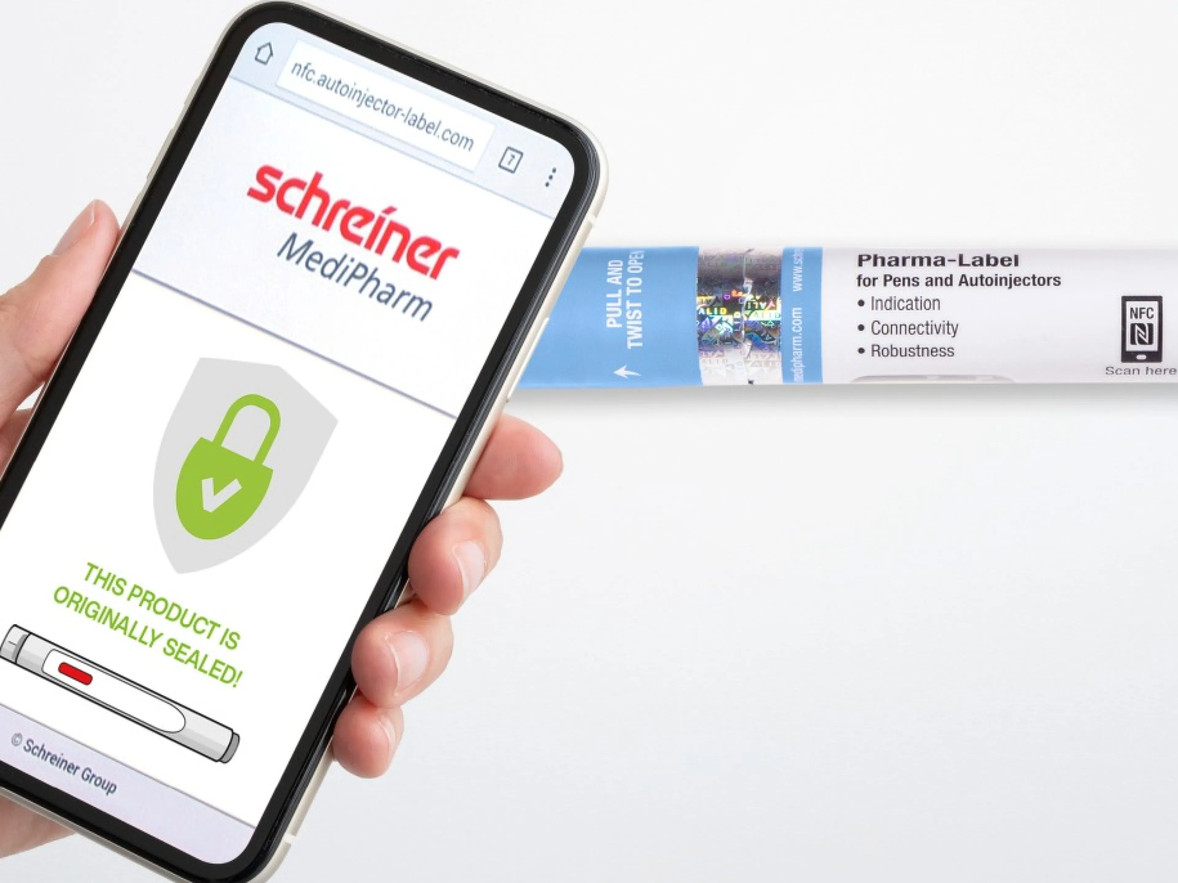 Smarte Sicherheit: Mit einem NFC-Label am Pen können Patienten per Smartphone in Sekundenschnelle die Echtheit und Unversehrtheit ihres Medikaments überprüfen, Bild: Schreiner Medipharm Smarte Sicherheit: Mit einem NFC-Label am Pen können Patienten per Smartphone in Sekundenschnelle die Echtheit und Unversehrtheit ihres Medikaments überprüfen