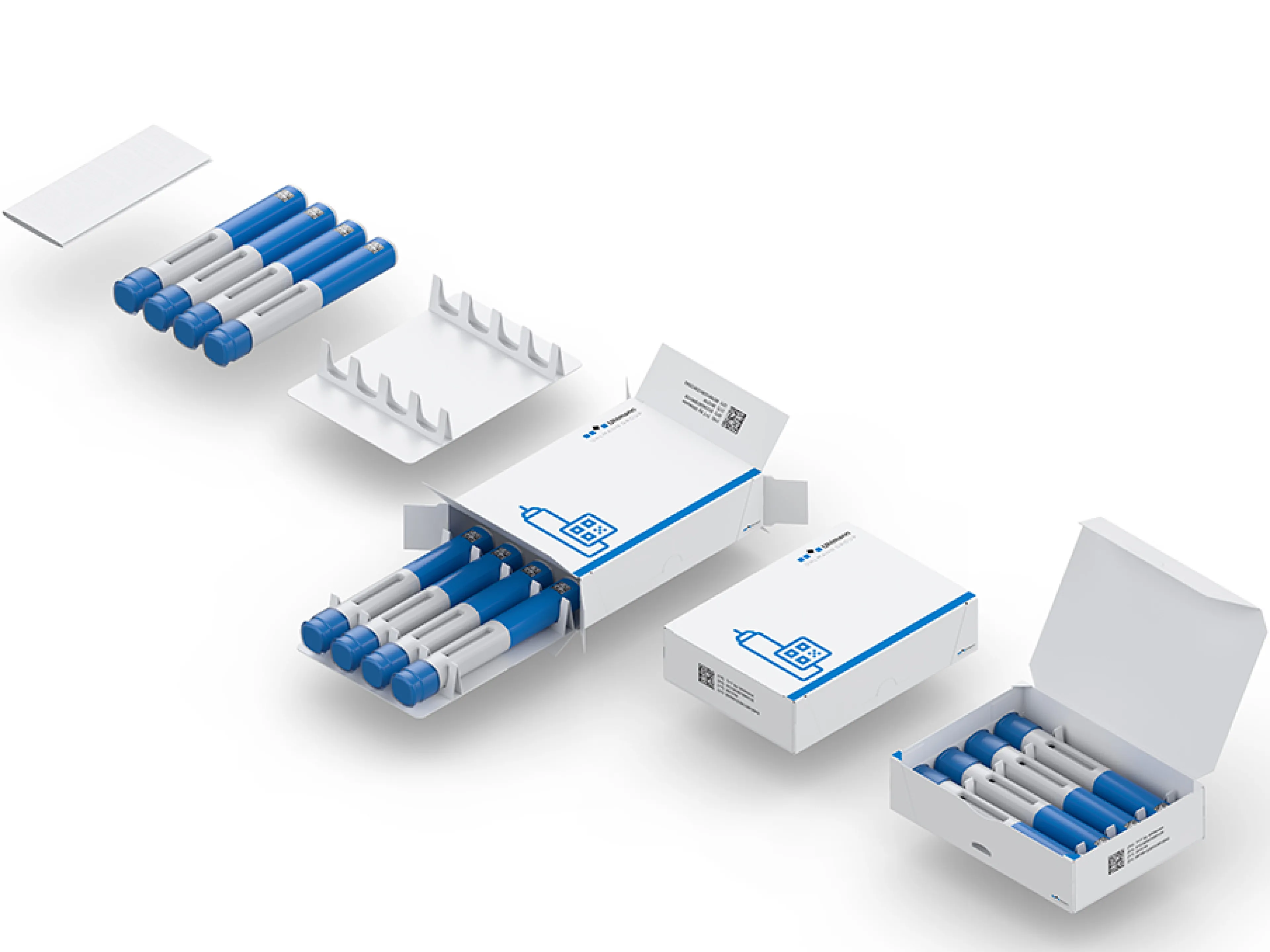 Das Karton-Tray, hier in der Anwendung mit vier Pens in einer Faltschachtel reduziert Materialaufwand und Logistikkosten. Das „Parenteral Tray Center PTC 200" übernimmt das Aufrichten der Trays sowie die Bestückung und die Verpackung der Trays in die Faltschachtel