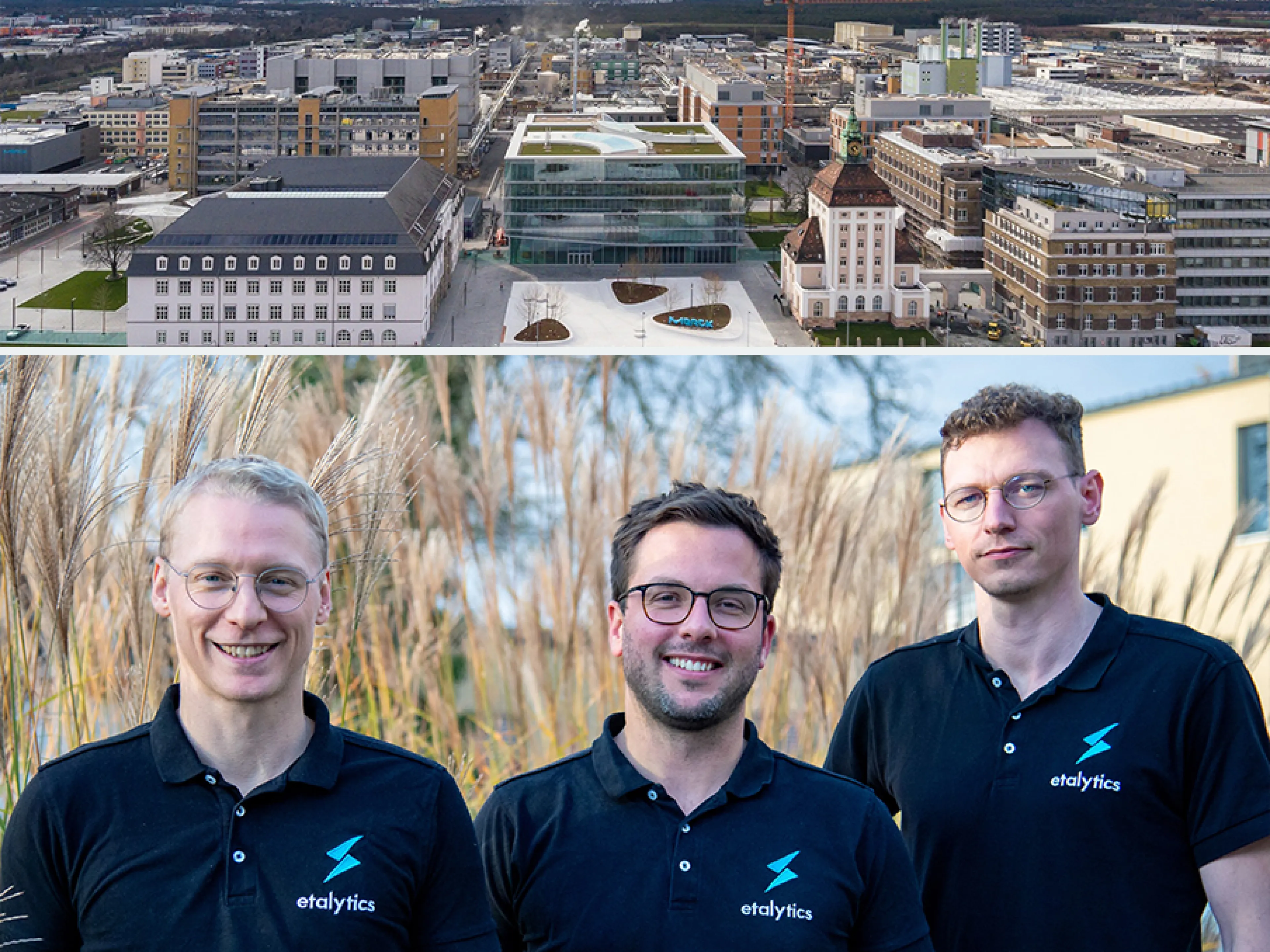 Merck in Darmstadt (oben) und das Gründerteam von Etalytics
