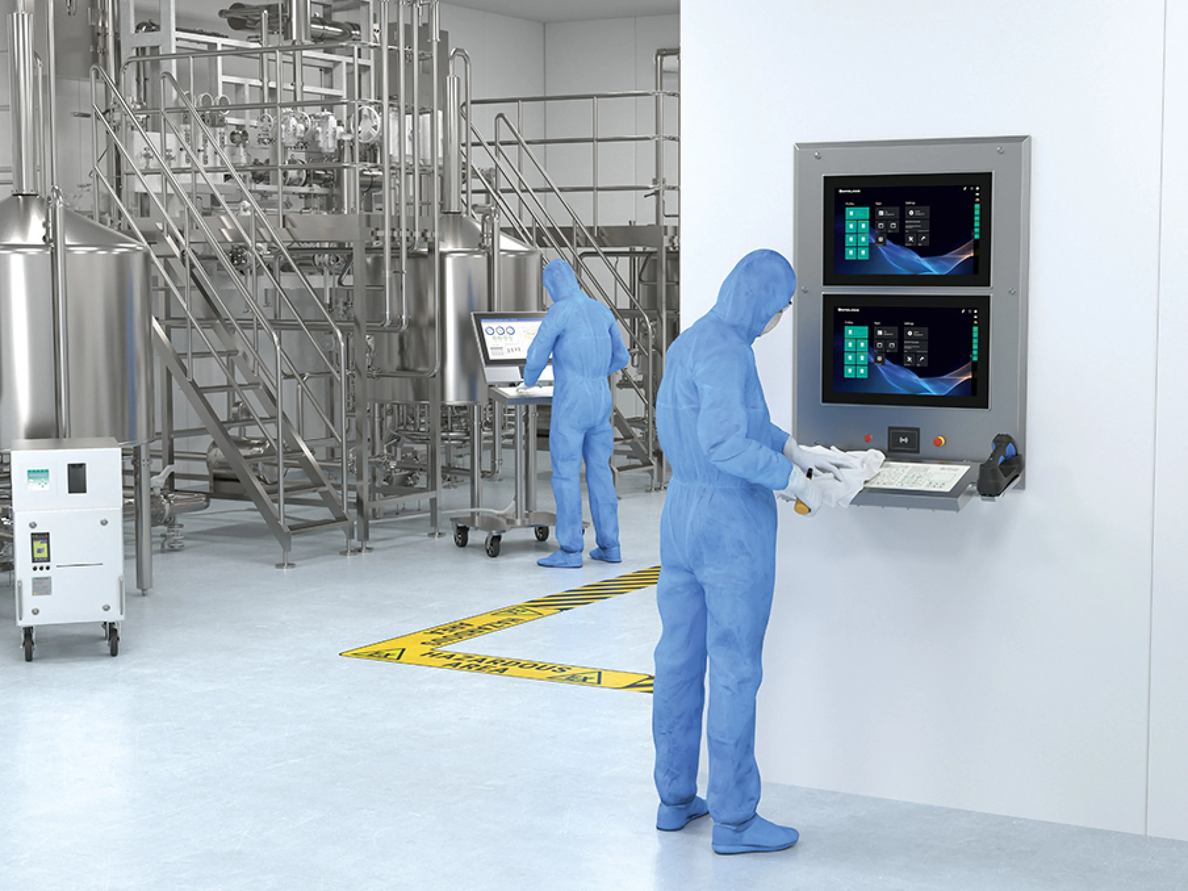 Das HMI „VisuNet FLX“ mit integriertem RFID-Reader, Not-Aus und Barcode-Scanner für Atex/IECEx Zone 2/22 und Div. 2 für den Einsatz im Reinraum ermöglicht einfache Reinigbarkeit durch möglichst wenig Ablagefläche für Stäube und Flüssigkeiten