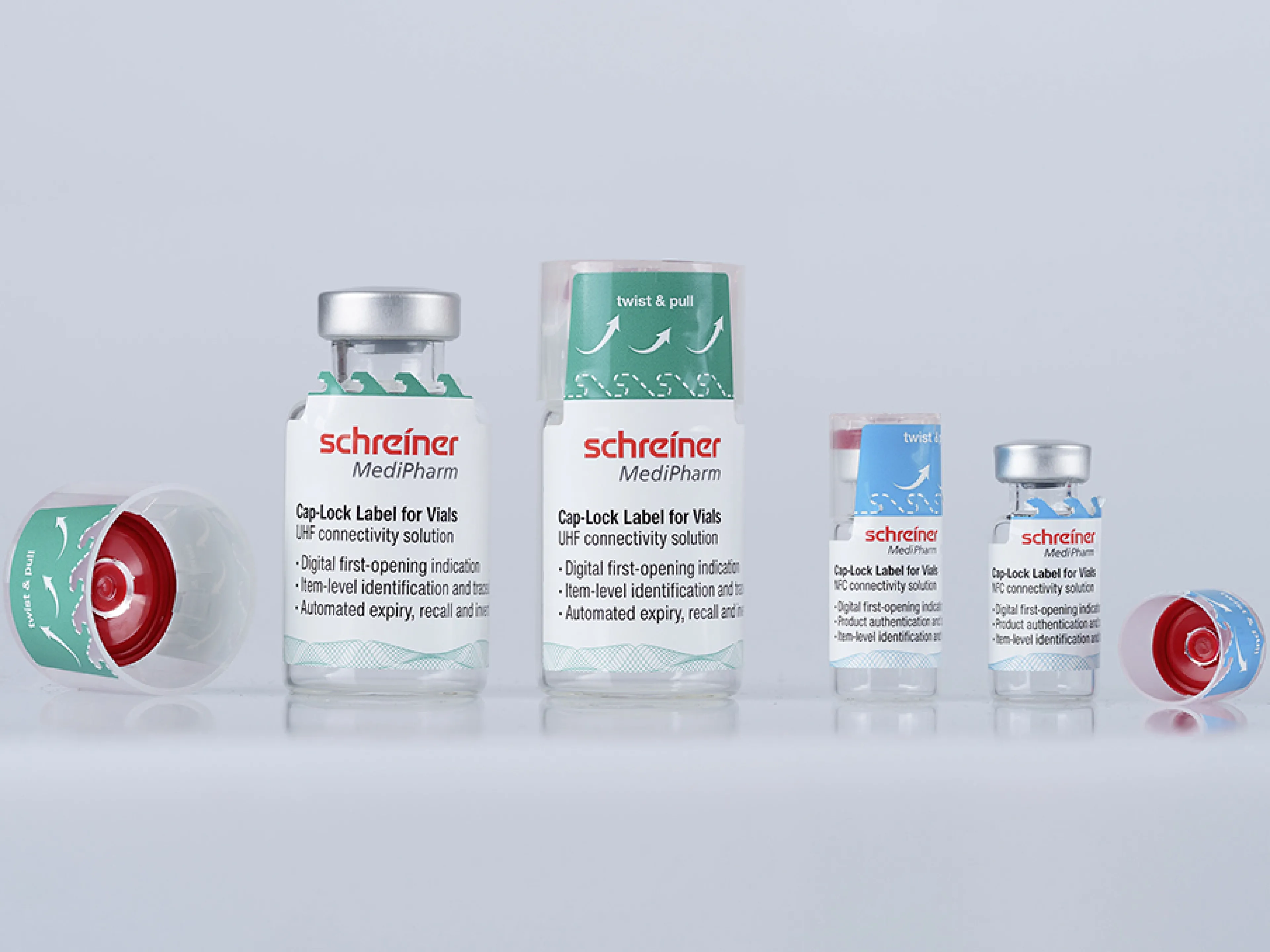 Cap-Lock für Vials ist für unterschiedliche Vialgrößen adaptierbar und kombiniert eine irreversible Erstöffnungsindikation mit RFID- und NFC-Funktionalität