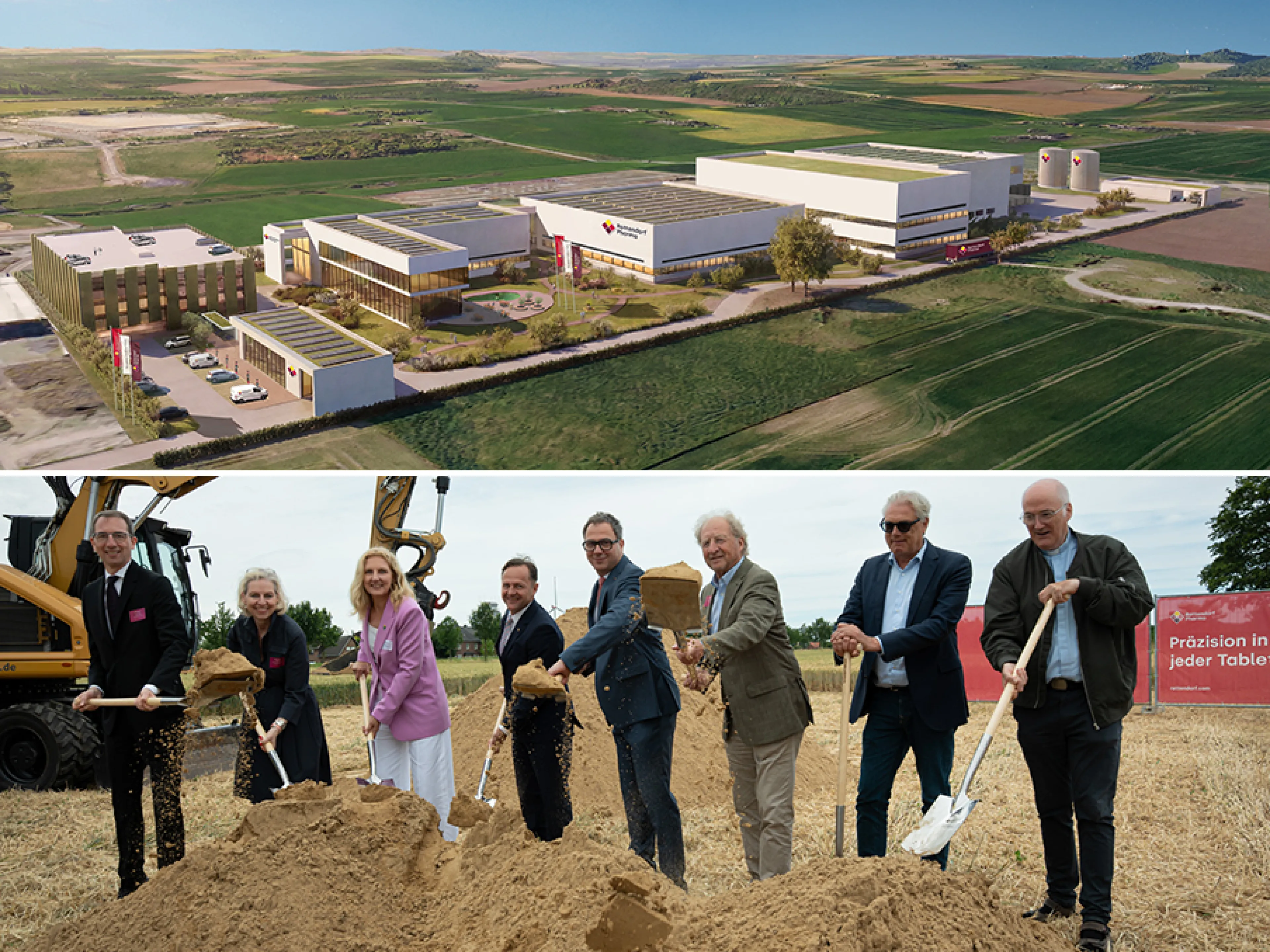 Visualisierung des Rottendorf Campus (oben); erster Spatenstich für den Rottendorf Campus v.l.n.r.: Martin Kraus (Aufsichtsratsvorsitzender Rottendorf Pharma), Dr. Lilian Klewitz-Haas (Vorstand Rottendorf-Stiftung), Karin Rodeheger (Bürgermeisterin Oelde), Erich Scheibner und Marco Niemann (beide Geschäftsführung Rottendorf Pharma) sowie Carl Pinnekamp, Rainald Gehringhoff und Pater Martin Löwenstein (alle Kuratorium Rottendorf-Stiftung)
