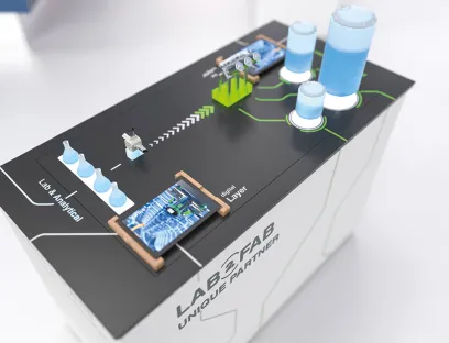 Der für die Pharmaindustrie typische Chromatografie-Block zeigt, wie sich die gesamte Prozesskette vom Labor bis zur Fabrik skalieren lässt, Bild: Bürkert Fluid Control Systems Der für die Pharmaindustrie typische Chromatografie-Block von Bürkertzeigt, wie sich die gesamte Prozesskette vom Labor bis zur Fabrik skalieren lässt