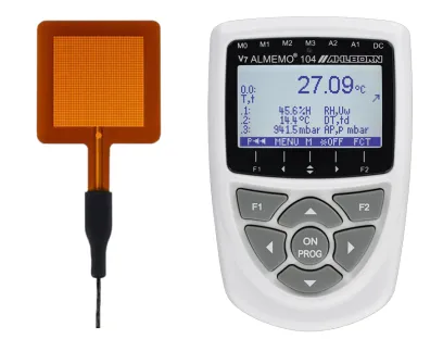 Wärmefluss-Sensor „FHF05" für minus 70 bis plus 120 Grad Celsius und Datenlogger „D7 Almemo 104", Bild: Ahlborn Wärmefluss-Sensor „FHF05" für minus 70 bis plus 120 Grad Celsius und Datenlogger „D7 Almemo 104" von Ahlborn