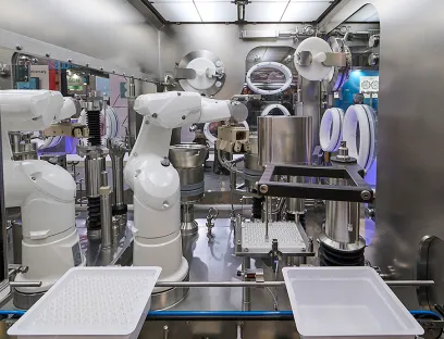 Blick in das Innenleben der neuen Abfüllmaschine von Steriline, in der Roboter, Magnetschwebetechnik und ein doppelwandiges Isolationssystem kombiniert werden, Bild: Steriline Blick in das Innenleben der neuen Abfüllmaschine von Steriline, in der Roboter, Magnetschwebetechnik und ein doppelwandiges Isolationssystem kombiniert werden
