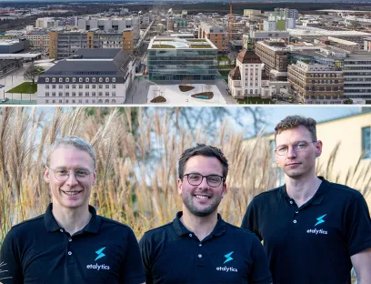 Merck in Darmstadt (oben) und das Gründerteam von Etalytics