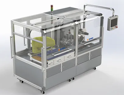 Pharma- und Healthcare-Produkte, die nicht standsicher und unregelmäßig geformt sind, lassen sich mit der neuen Robotik-Etikettierzelle „211 HC RC“ effizient automatisch etikettieren, Bild: Herma Robotik-Etikettierzelle „211 HC RC“ von Herma