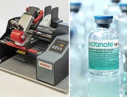 Mit dem halbautomatischen Spendesystem von Schreiner Medipharm kann Octapharma Kleinstmengen an Gefäßen von kleinen Vials bis zu großen Infusionsflaschen effizient kennzeichnen, Bild: Schreiner Medipharm Mit dem halbautomatischen Spendesystem von Schreiner Medipharm kann Octapharma Kleinstmengen an Gefäßen von kleinen Vials bis zu großen Infusionsflaschen effizient kennzeichnen.