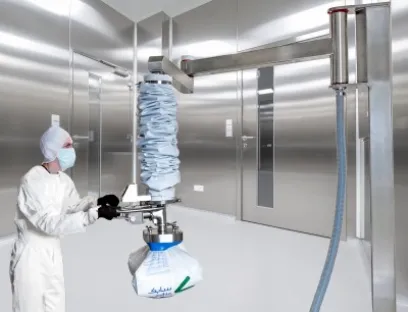 Das Vakuum-Handhabungssystem Palvac Sprint Hygienic bewegt schwere Lasten in Reinräumen und Hygienebereichen