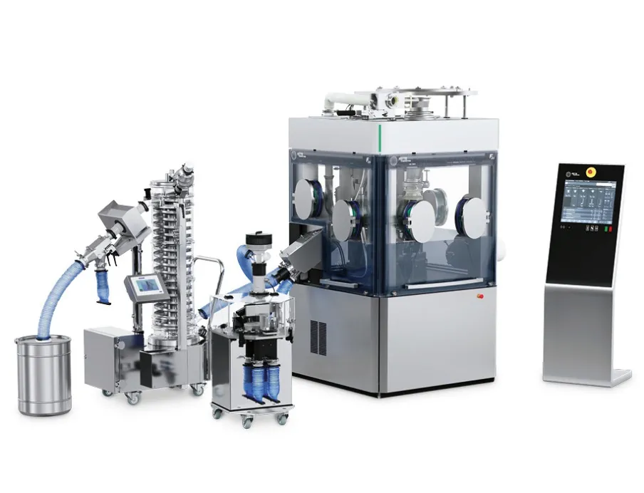 Die neue i Serie verfügt standardmäßig über eine staubdichte Konstruktion und lässt sich außerdem für die Verarbeitung aktiver bis hochaktiver Wirkstoffe mit einem Containment-Paket ausstatten, Bilder: Fette Compacting Die Tablettenpressen der neuen i Serie verfügen standardmäßig über eine staubdichte Konstruktion