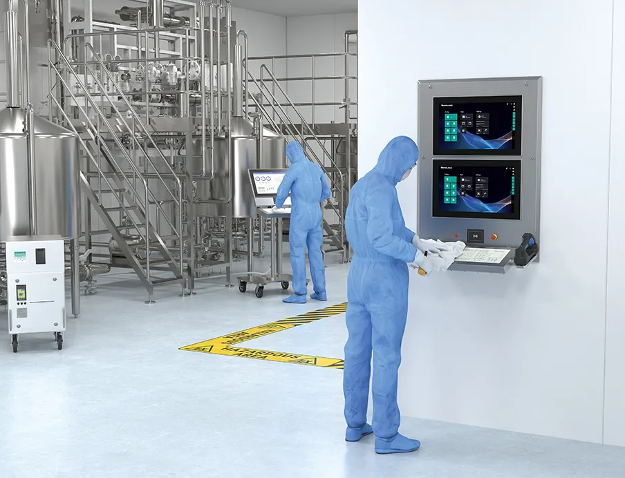 Das HMI „VisuNet FLX“ mit integriertem RFID-Reader, Not-Aus und Barcode-Scanner für Atex/IECEx Zone 2/22 und Div. 2 für den Einsatz im Reinraum ermöglicht einfache Reinigbarkeit durch möglichst wenig Ablagefläche für Stäube und Flüssigkeiten