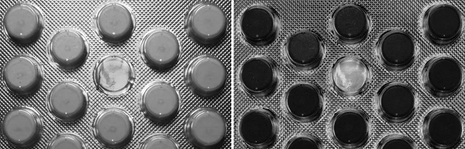 Einfache Anwesenheits- und Vollständigkeitskontrolle von Tabletten durch unterschiedlichen Polarisationsgrad von Umverpackung (Blister) und Tablette. 