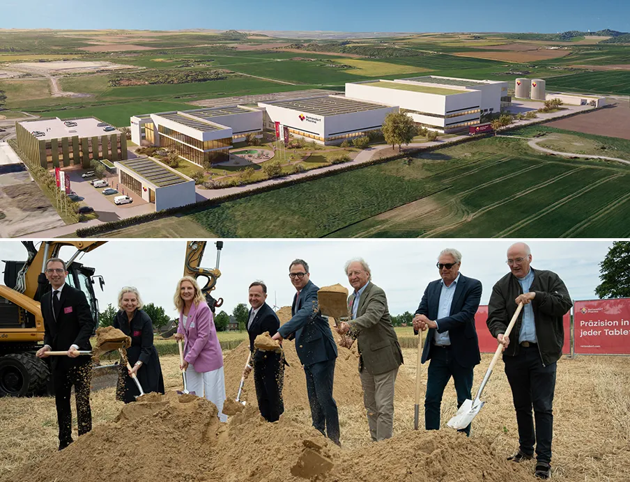 Visualisierung des Rottendorf Campus (oben); erster Spatenstich für den Rottendorf Campus v.l.n.r.: Martin Kraus (Aufsichtsratsvorsitzender Rottendorf Pharma), Dr. Lilian Klewitz-Haas (Vorstand Rottendorf-Stiftung), Karin Rodeheger (Bürgermeisterin Oelde), Erich Scheibner und Marco Niemann (beide Geschäftsführung Rottendorf Pharma) sowie Carl Pinnekamp, Rainald Gehringhoff und Pater Martin Löwenstein (alle Kuratorium Rottendorf-Stiftung)